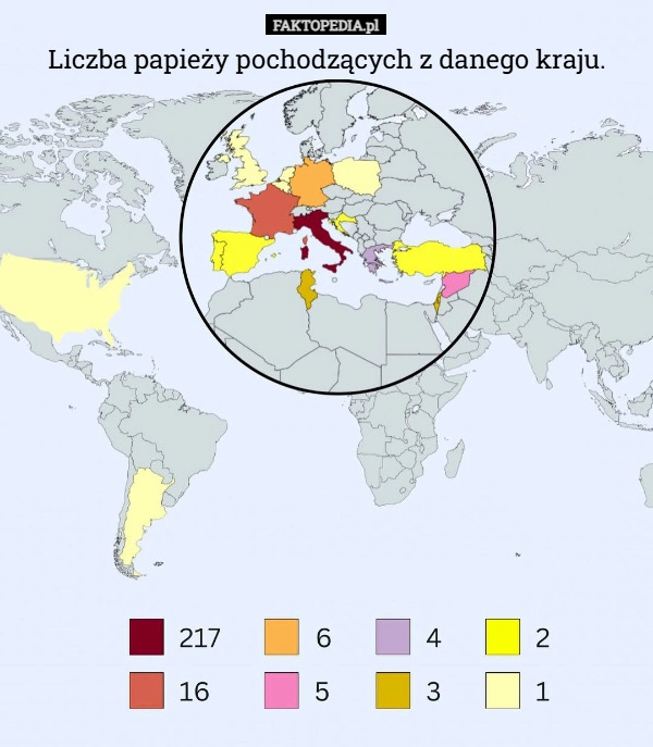 Liczba papieży pochodzących z danego kraju.