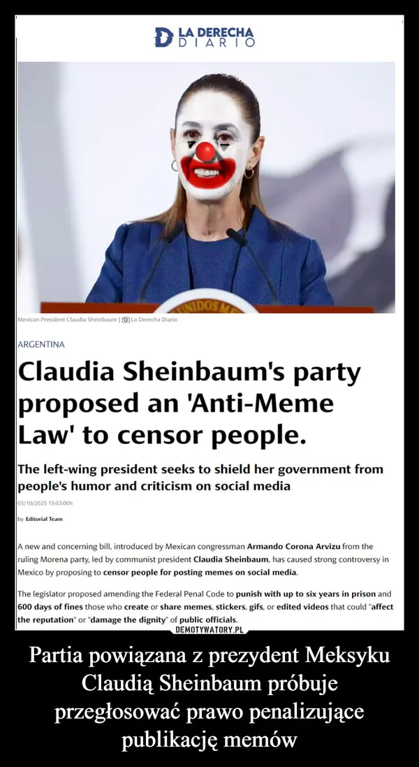 Partia powiązana z prezydent Meksyku Claudią Sheinbaum próbuje przegłosować prawo penalizujące publikację memów