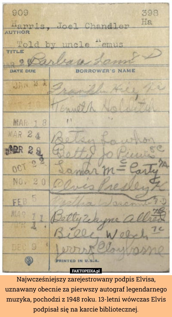 Najwcześniejszy zarejestrowany podpis Elvisa, uznawany obecnie za pierwszy