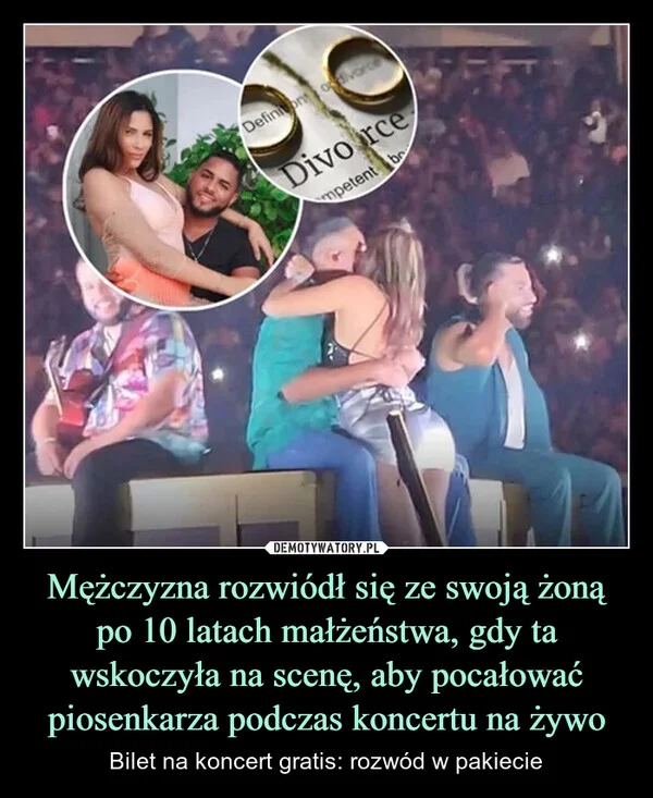 Mężczyzna rozwiódł się ze swoją żoną po 10 latach małżeństwa, gdy ta wskoczyła na scenę, aby pocałować piosenkarza podczas koncertu na żywo
