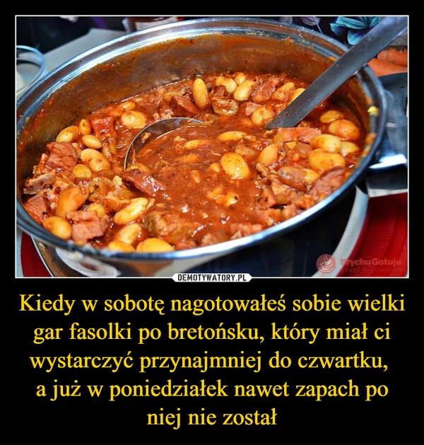 Kiedy w sobotę nagotowałeś sobie wielki gar fasolki po bretońsku, który miał ci wystarczyć przynajmniej do czwartku, a już w poniedziałek nawet zapach po niej nie został