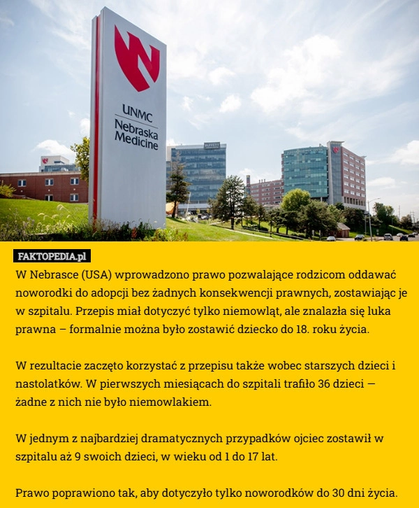 W Nebrasce (USA) wprowadzono prawo pozwalające rodzicom oddawać noworodki
