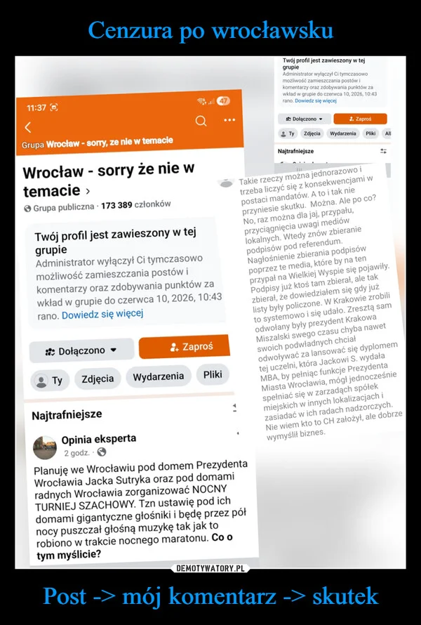 Cenzura po wrocławsku Post -> mój komentarz -> skutek