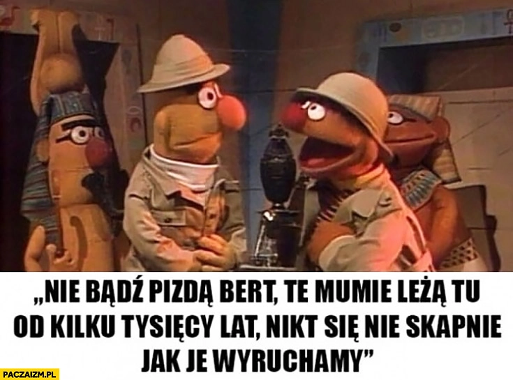 
    Nie bądź piczą Bert te mumie leżą tu od kilku tysięcy lat, nikt się nie skapnie jak je wydymamy Ernie ulica sezamkowa