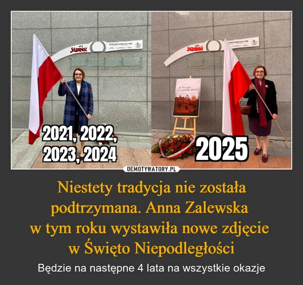 
    Niestety tradycja nie została podtrzymana. Anna Zalewska w tym roku wystawiła nowe zdjęcie w Święto Niepodległości