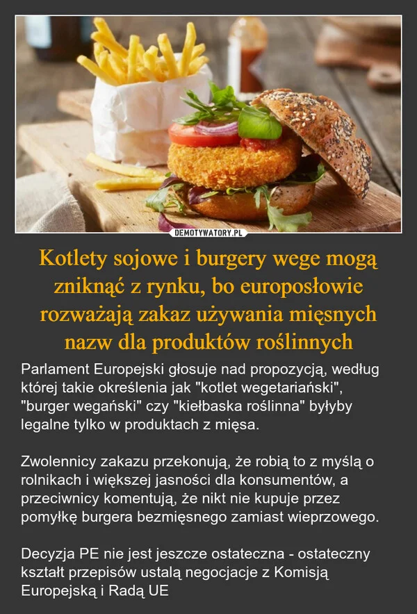 Kotlety sojowe i burgery wege mogą zniknąć z rynku, bo europosłowie rozważają zakaz używania mięsnych nazw dla produktów roślinnych