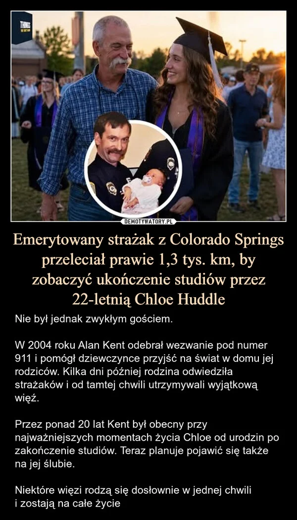 
    Emerytowany strażak z Colorado Springs przeleciał prawie 1,3 tys. km, by zobaczyć ukończenie studiów przez 22-letnią Chloe Huddle