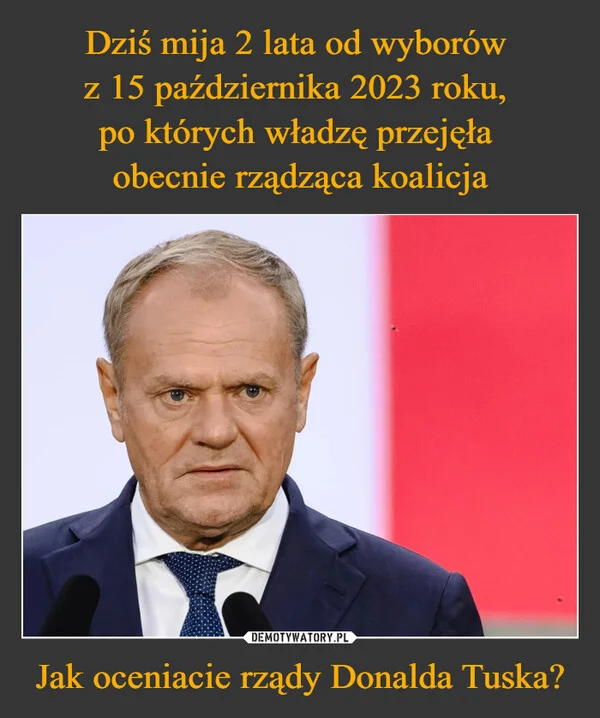 Dziś mija 2 lata od wyborów z 15 października 2023 roku, po których władzę przejęła obecnie rządząca koalicja Jak oceniacie rządy Donalda Tuska?
