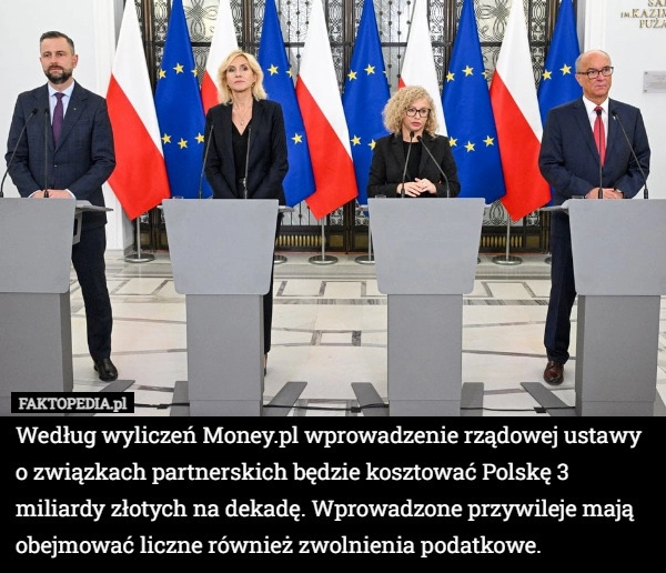 
    Według wyliczeń Money.pl wprowadzenie rządowej ustawy o związkach partnerskich