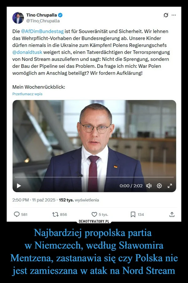 Najbardziej propolska partia w Niemczech, według Sławomira Mentzena, zastanawia się czy Polska nie jest zamieszana w atak na Nord Stream