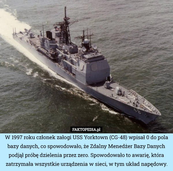 W 1997 roku członek załogi USS Yorktown (CG-48) wpisał 0 do pola bazy danych,