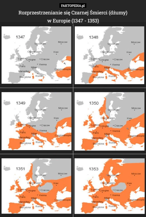 
    Rozprzestrzenianie się Czarnej Śmierci (dżumy)
w Europie (1347 - 1353)