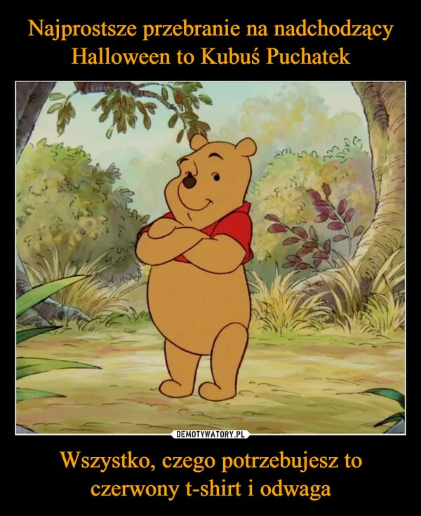 Najprostsze przebranie na nadchodzący Halloween to Kubuś Puchatek Wszystko, czego potrzebujesz to czerwony t-shirt i odwaga