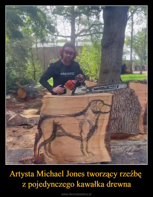 Artysta Michael Jones tworzący rzeźbę z pojedynczego kawałka drewna