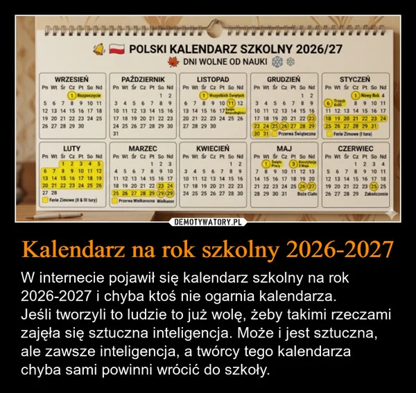 Kalendarz na rok szkolny 2026-2027