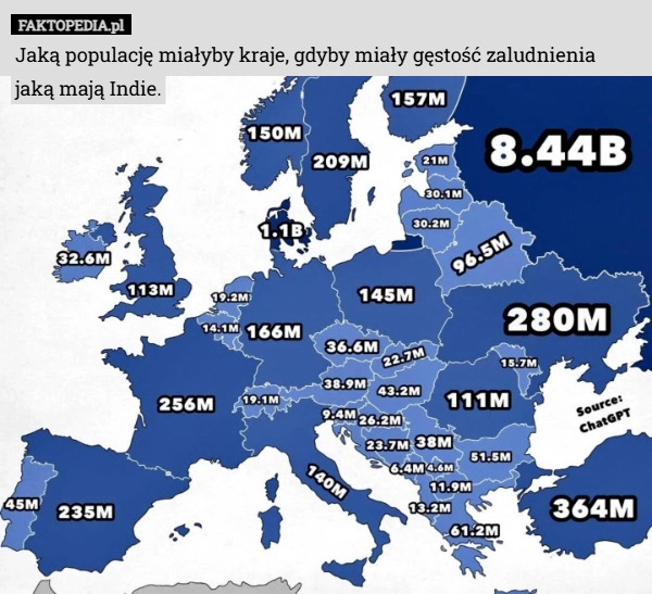 Jaką populację miałyby kraje, gdyby miały gęstość zaludnienia jaką mają