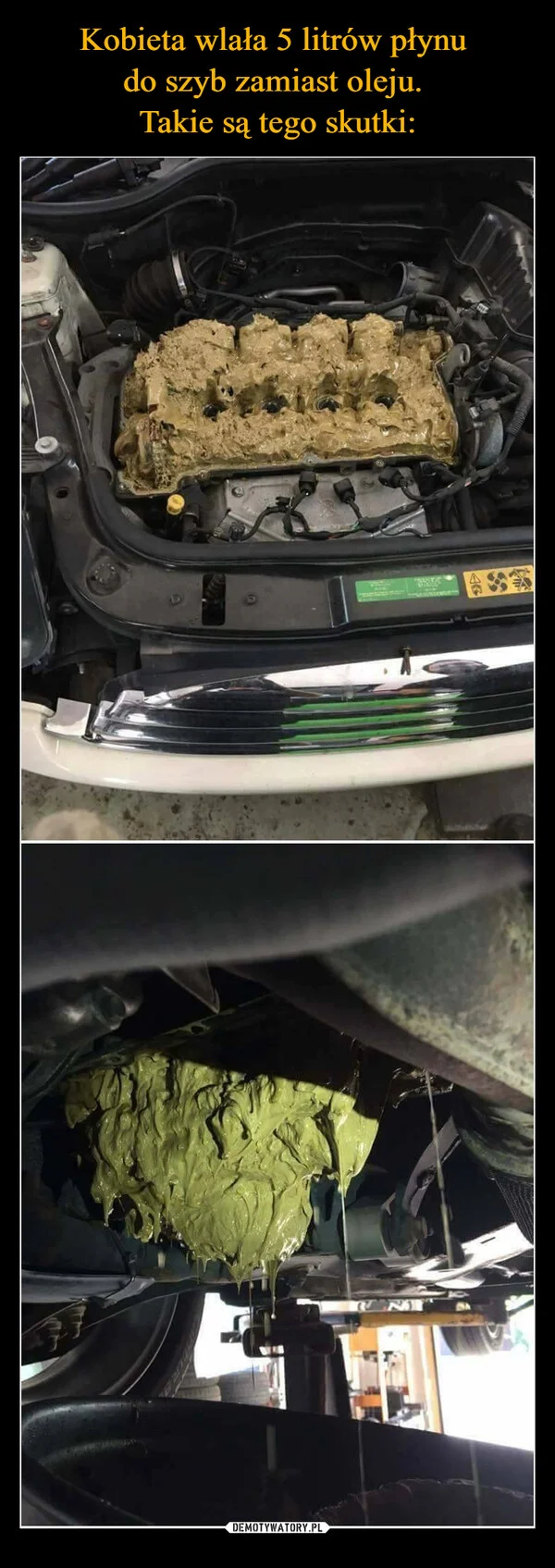 Kobieta wlała 5 litrów płynu do szyb zamiast oleju. Takie są tego skutki:
