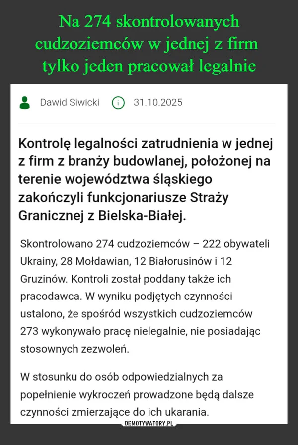 Na 274 skontrolowanych cudzoziemców w jednej z firm tylko jeden pracował legalnie