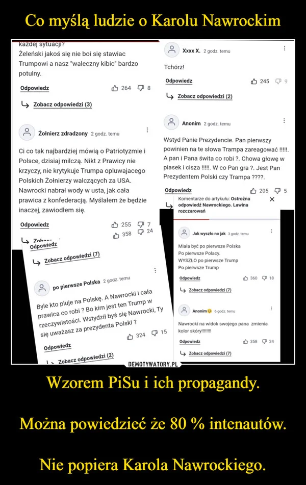 
    Co myślą ludzie o Karolu Nawrockim Wzorem PiSu i ich propagandy. Można powiedzieć że 80 % intenautów. Nie popiera Karola Nawrockiego.