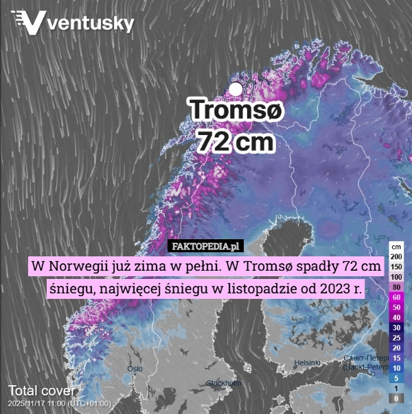 W Norwegii już zima w pełni. W Tromsø spadły 72 cm śniegu, najwięcej śniegu