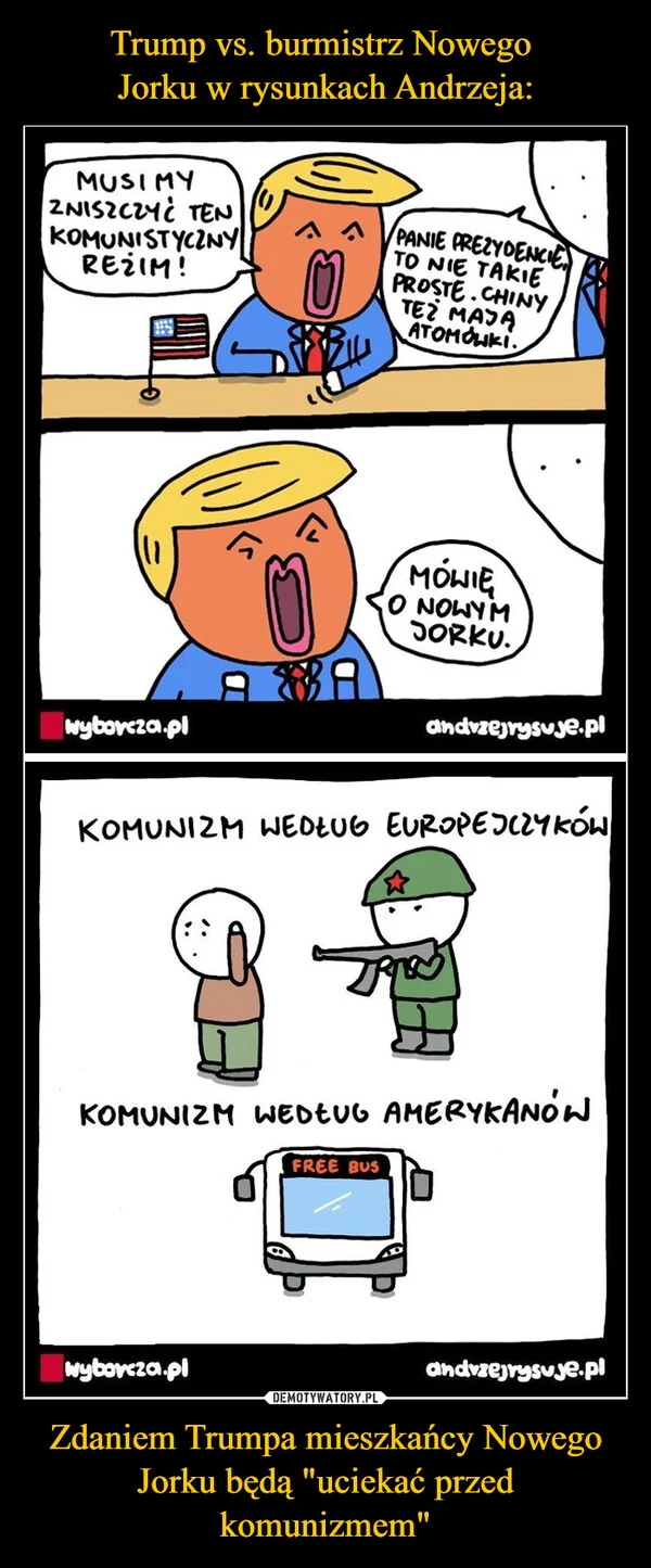 Trump vs. burmistrz Nowego Jorku w rysunkach Andrzeja: Zdaniem Trumpa mieszkańcy Nowego Jorku będą 