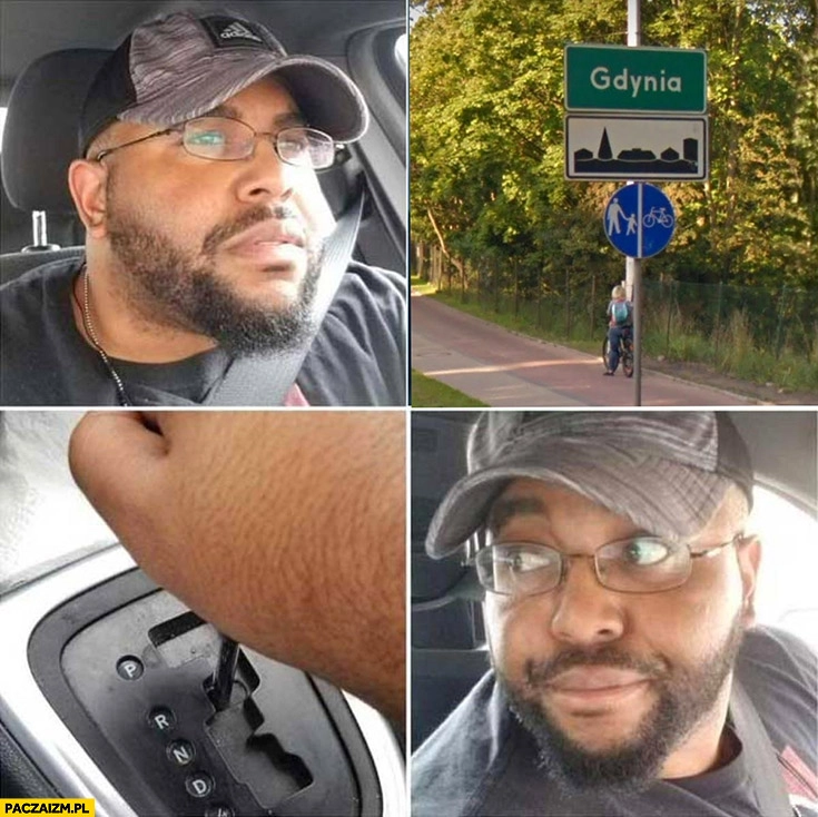Facet jedzie mija tabliczkę Gdynia wrzuca wsteczny zawraca