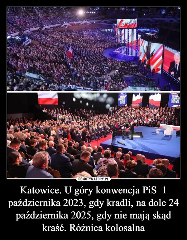 Katowice. U góry konwencja PiS 1 października 2023, gdy kradli, na dole 24 października 2025, gdy nie mają skąd kraść. Różnica kolosalna