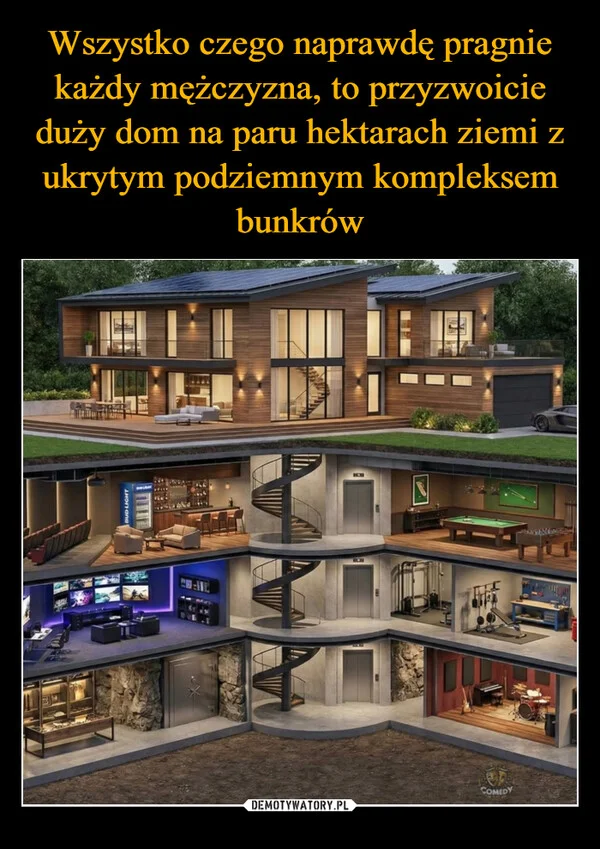 Wszystko czego naprawdę pragnie każdy mężczyzna, to przyzwoicie duży dom na paru hektarach ziemi z ukrytym podziemnym kompleksem bunkrów