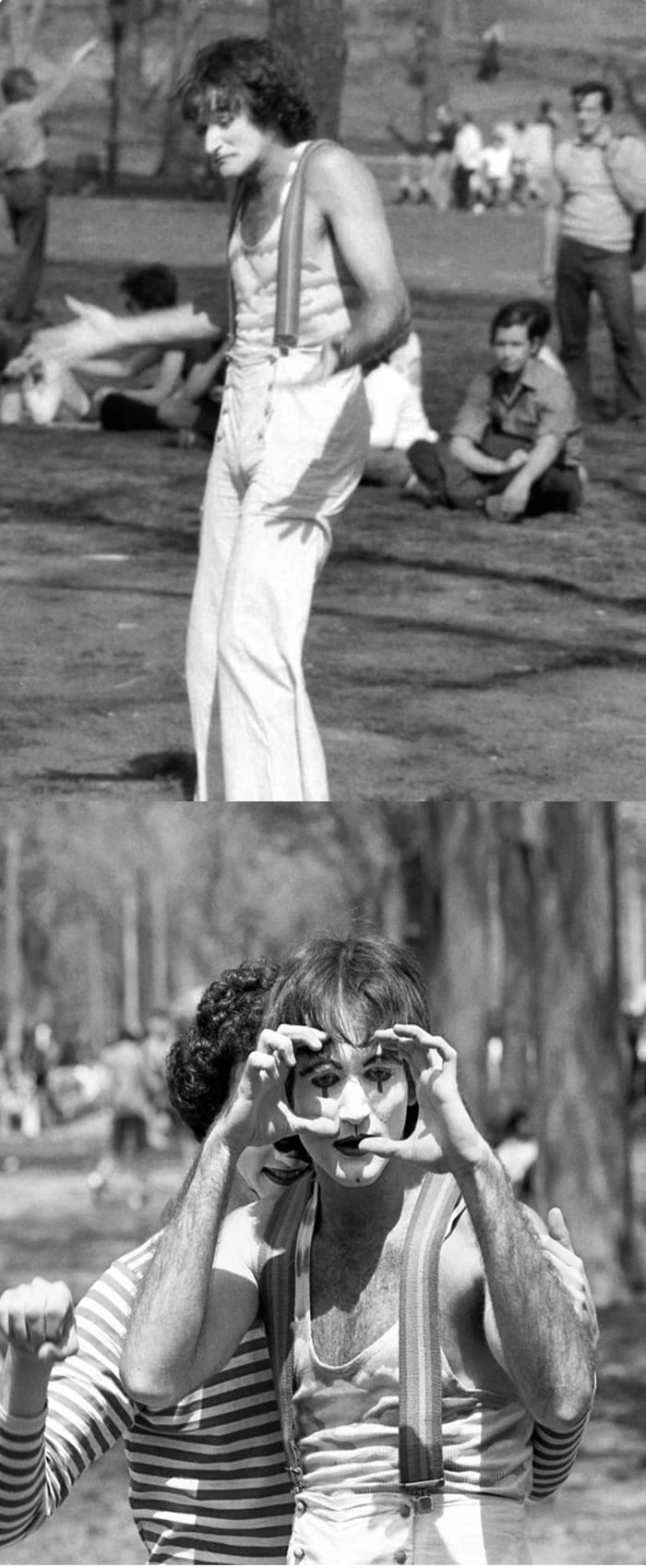 Robin Williams before fame, working as a street mime in Central Park, 1974.