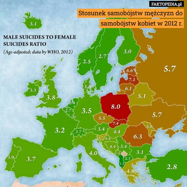 Stosunek samobójstw mężczyzn do samobójstw kobiet w 2012 r.