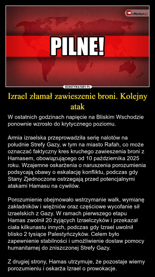 Izrael złamał zawieszenie broni. Kolejny atak