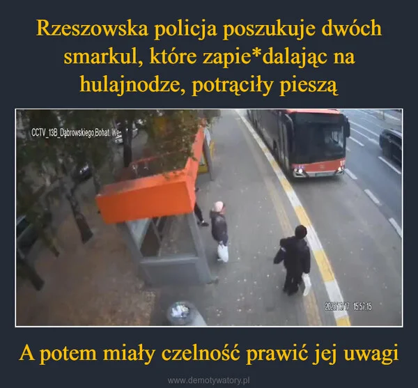 
    Rzeszowska policja poszukuje dwóch smarkul, które zapie*dalając na hulajnodze, potrąciły pieszą A potem miały czelność prawić jej uwagi