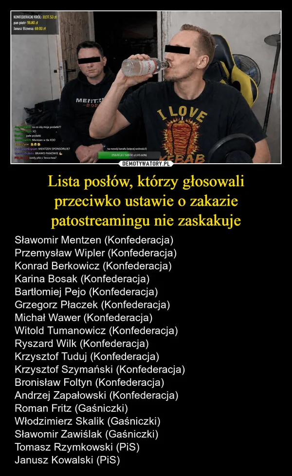 
    Lista posłów, którzy głosowali przeciwko ustawie o zakazie patostreamingu nie zaskakuje