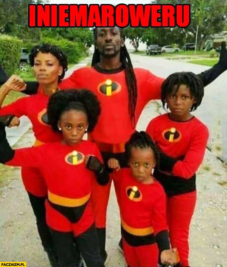 Iniemaroweru. Czarna rodzina super bohaterowie w przebraniu i nie ma roweru