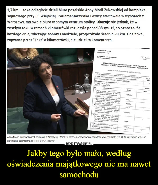 
    Jakby tego było mało, według oświadczenia majątkowego nie ma nawet samochodu