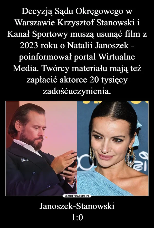 Decyzją Sądu Okręgowego w Warszawie Krzysztof Stanowski i Kanał Sportowy muszą usunąć film z 2023 roku o Natalii Janoszek - poinformował portal Wirtualne Media. Twórcy materiału mają też zapłacić aktorce 20 tysięcy zadośćuczynienia. Janoszek-Stanowski 1:0