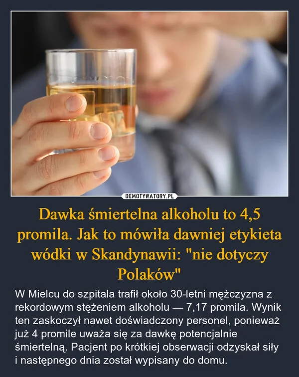 Dawka śmiertelna alkoholu to 4,5 promila. Jak to mówiła dawniej etykieta wódki w Skandynawii: 