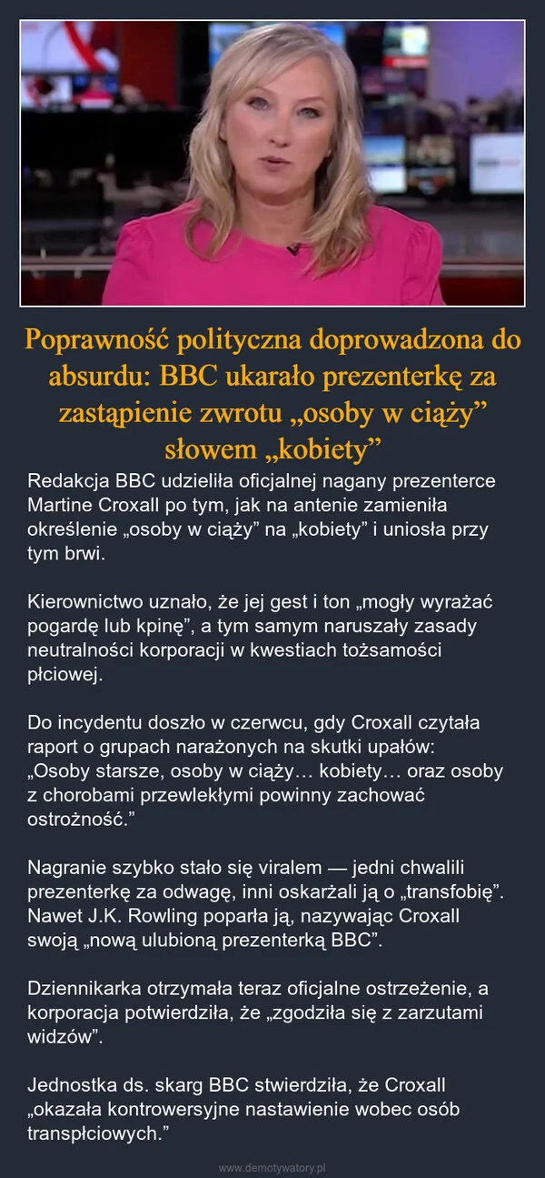 Poprawność polityczna doprowadzona do absurdu: BBC ukarało prezenterkę za zastąpienie zwrotu „osoby w ciąży” słowem „kobiety”