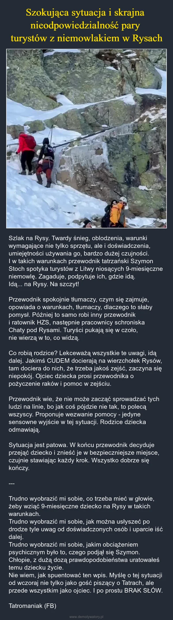 Szokująca sytuacja i skrajna nieodpowiedzialność pary turystów z niemowlakiem w Rysach