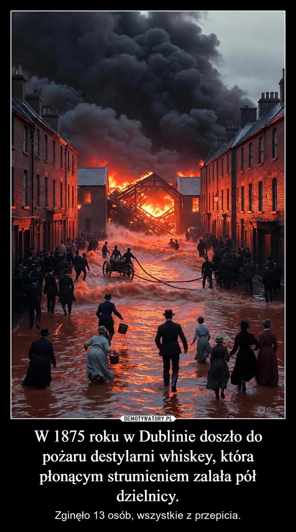 
    W 1875 roku w Dublinie doszło do pożaru destylarni whiskey, która płonącym strumieniem zalała pół dzielnicy.