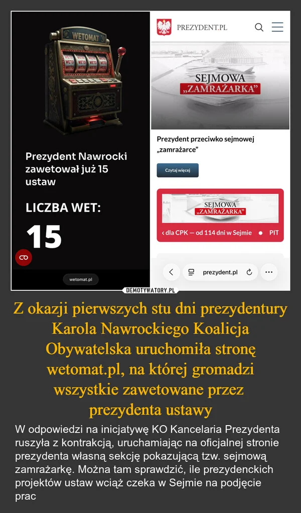 
    Z okazji pierwszych stu dni prezydentury Karola Nawrockiego Koalicja Obywatelska uruchomiła stronę wetomat.pl, na której gromadzi wszystkie zawetowane przez prezydenta ustawy