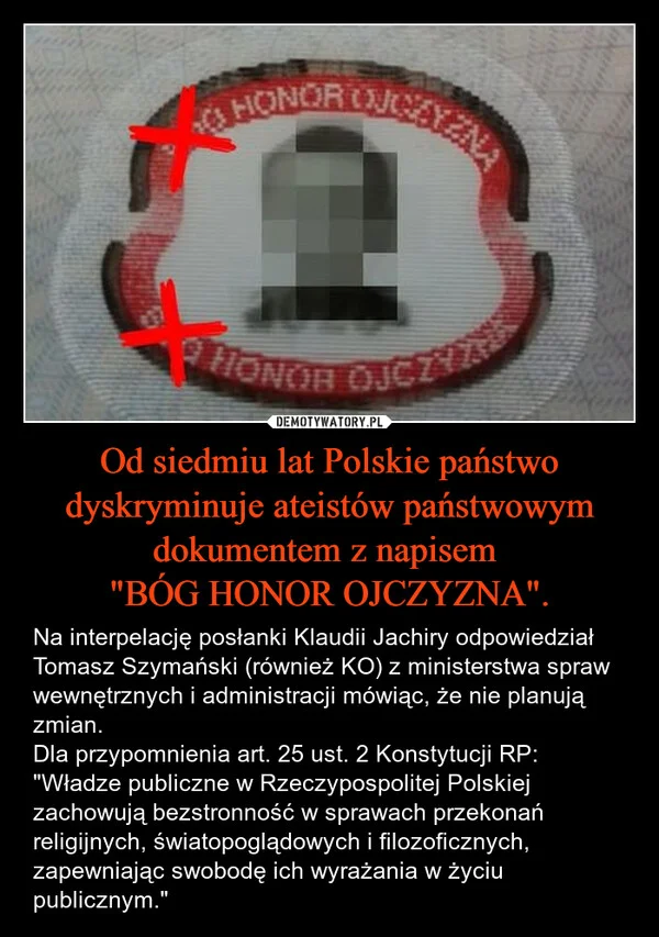Od siedmiu lat Polskie państwo dyskryminuje ateistów państwowym dokumentem z napisem 