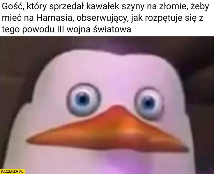 Gość który sprzedał kawałek szyny na złomie żeby mieć na Harnasia obserwujący jak rozpętuje się z tego powodu III wojna światowa