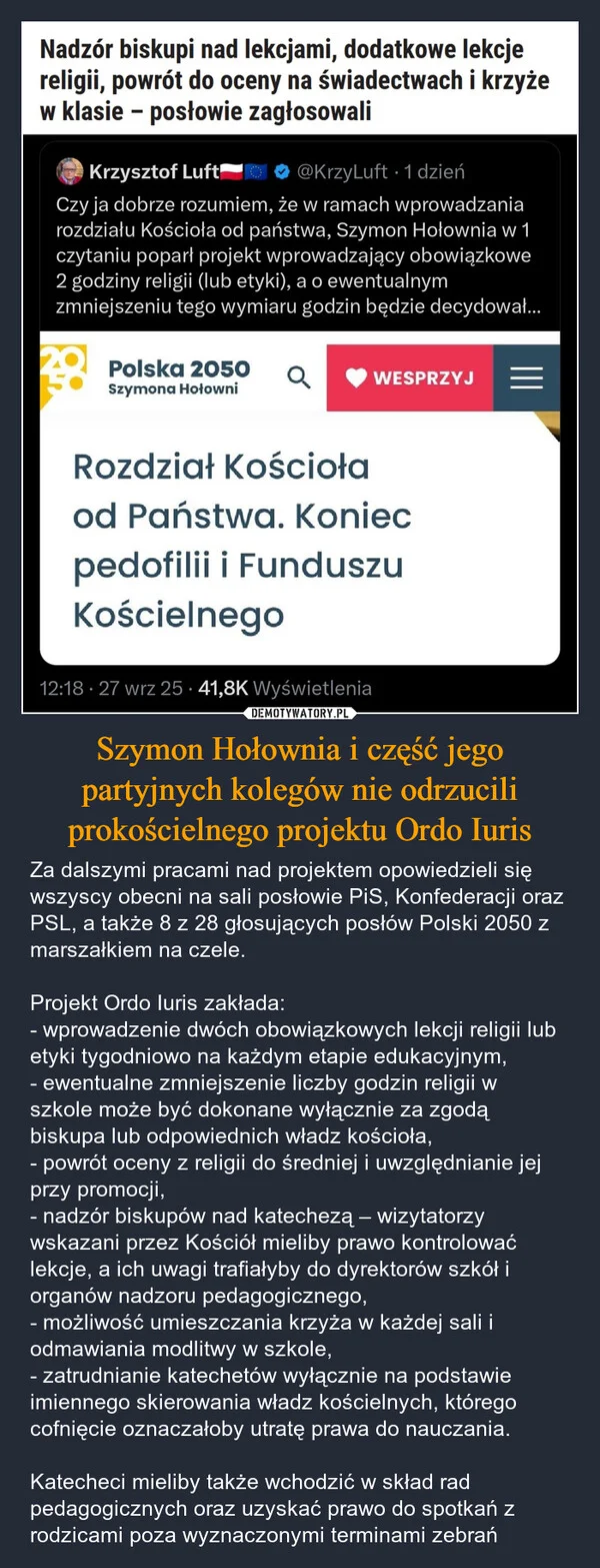 Szymon Hołownia i część jego partyjnych kolegów nie odrzucili prokościelnego projektu Ordo Iuris
