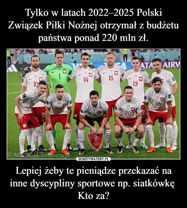 Tylko w latach 2022–2025 Polski Związek Piłki Nożnej otrzymał z budżetu państwa ponad 220 mln zł. Lepiej żeby te pieniądze przekazać na inne dyscypliny sportowe np. siatkówkę Kto za?