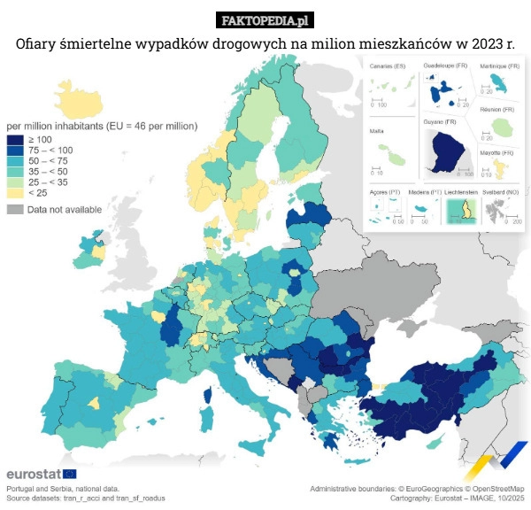 Ofiary śmiertelne wypadków drogowych na milion mieszkańców w 2023 r.