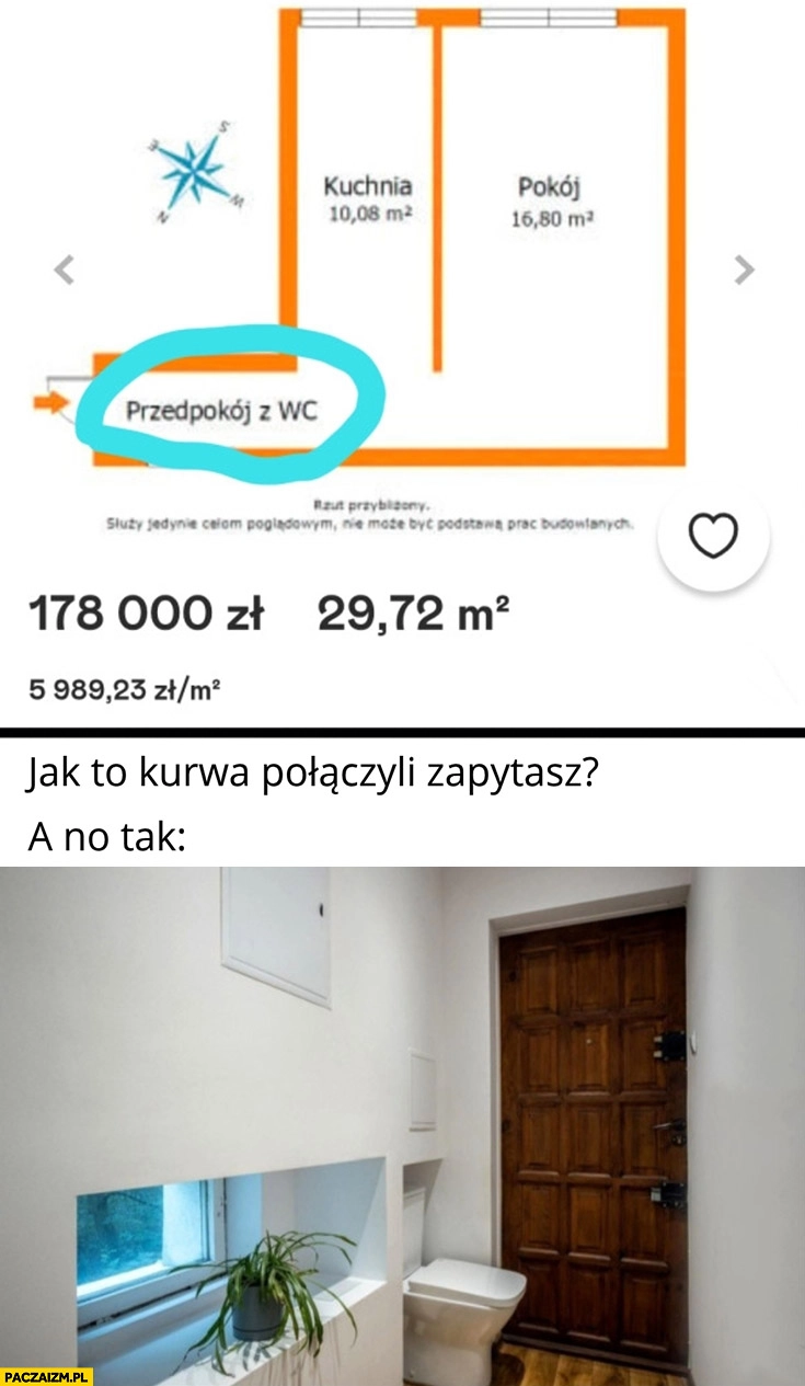 Ogłoszenie mieszkanie przedpokój z WC jak oni to połączyli kibel przy wejściu