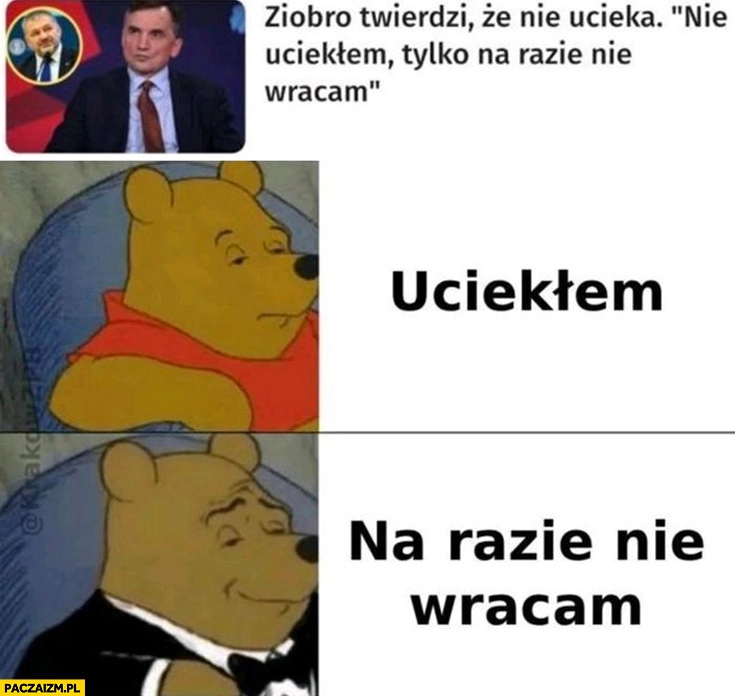 
    Ziobro twierdzi, że nie ucieka tylko na razie nie wracam Kubuś Puchatek