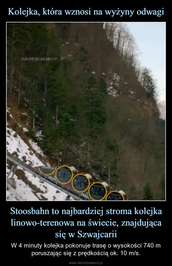 
    Kolejka, która wznosi na wyżyny odwagi Stoosbahn to najbardziej stroma kolejka linowo-terenowa na świecie, znajdująca się w Szwajcarii