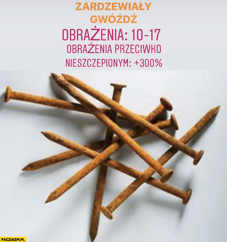 Zardzewiały gwóźdź obrażenia przeciwko nieszczepionym plus 300% procent